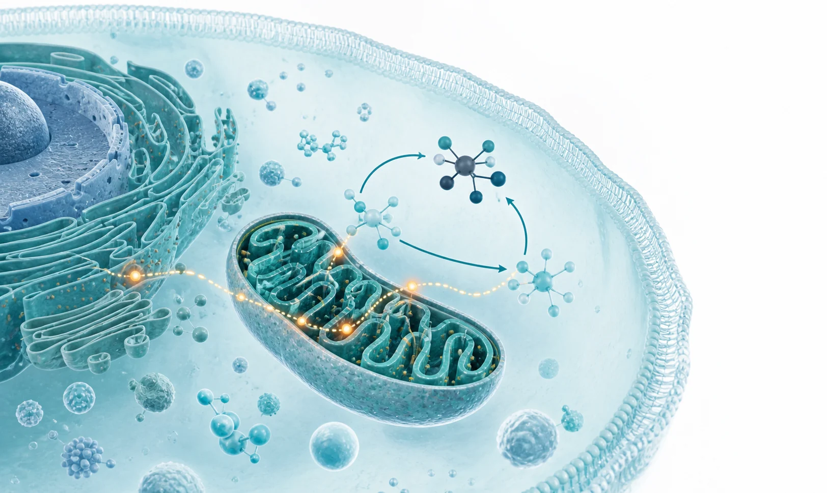 NAD+, mitochondrie et énergie cellulaire Illustration d’une mitochondrie et des échanges liés au NAD+ dans une cellule