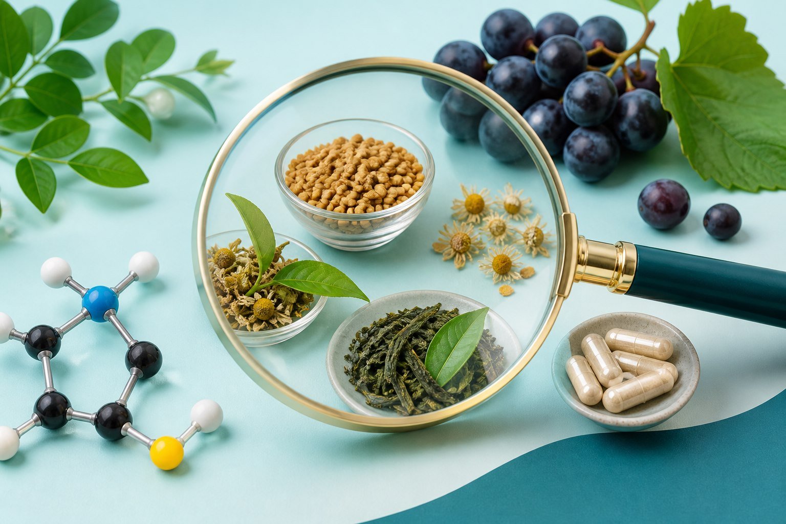 Analyse de la composition d’une formule multicomposante avec plantes, capsules et loupe